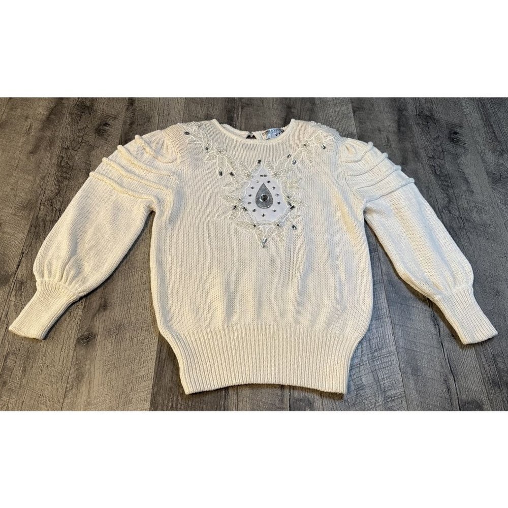 Vintage Bonnie Boerer Sweater Medium Ivory Lace Mirror Sequin Ribbed Padded 80s